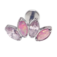 Opal and CZ 4-petal crown flatback labret body jewelry by Body Clickers in 14g, 16g, and 18g with Pacific blue accents.