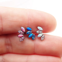Body Clickers opal and CZ 4-petal crown flatback labret body jewelry in 14g, 16g, 18g with Pacific blue opal and cubic zirconia accents.