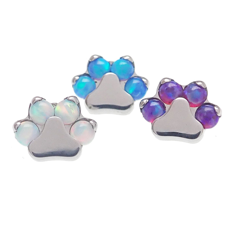 Pacific blue opal paw dermal top body jewelry by Body Clickers, 14g dermal piercing accessory with detailed paw design.