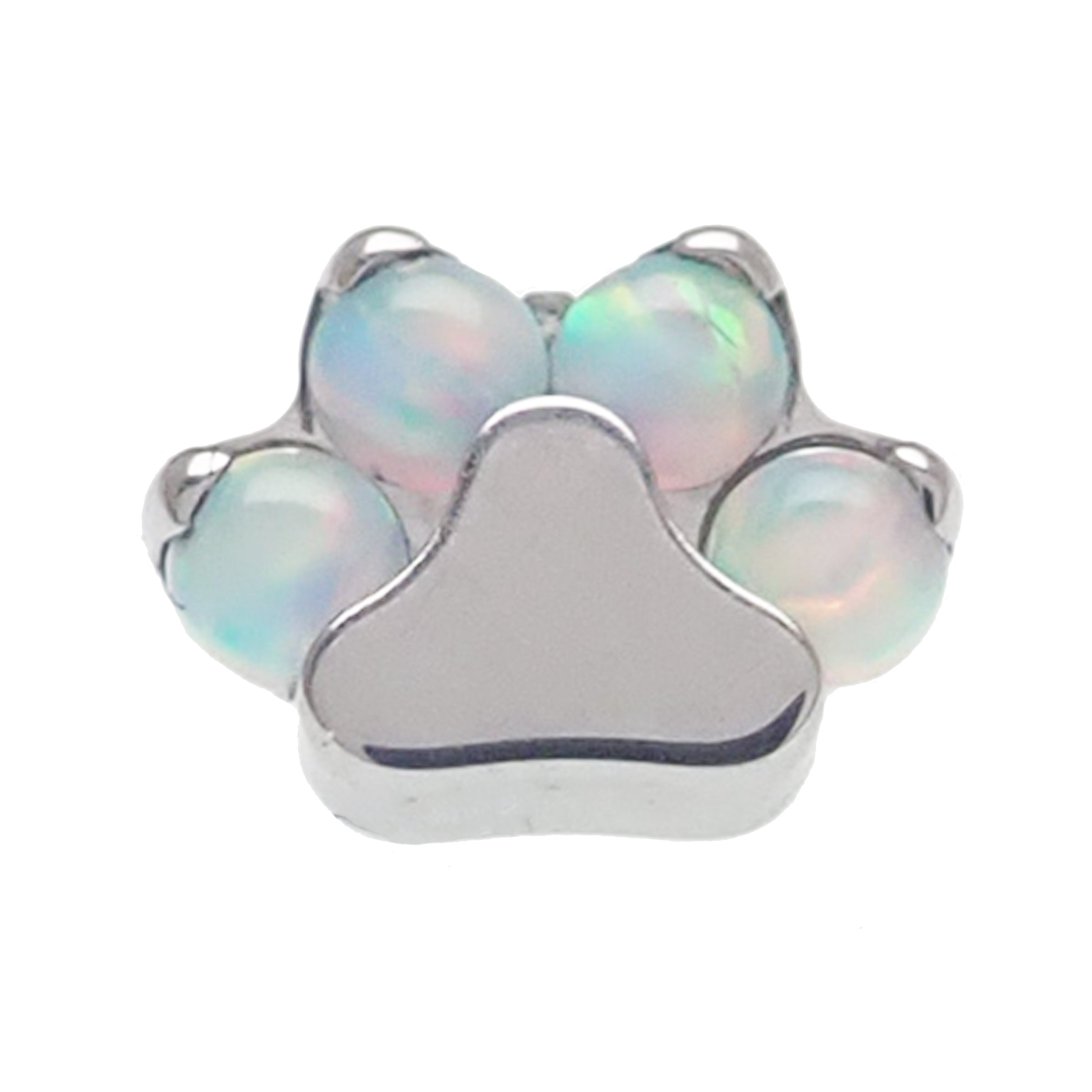 Pacific blue opal paw dermal top body jewelry by Body Clickers, 14 gauge, featuring a detailed paw design with vibrant opal.