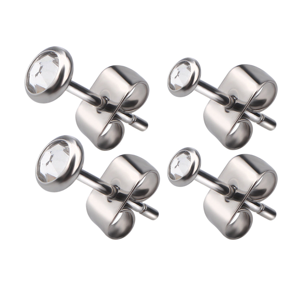 Pair of titanium earrings with 3mm zircon stones, featuring a sleek design and secure posts, by Body Clickers Body Jewelry.
