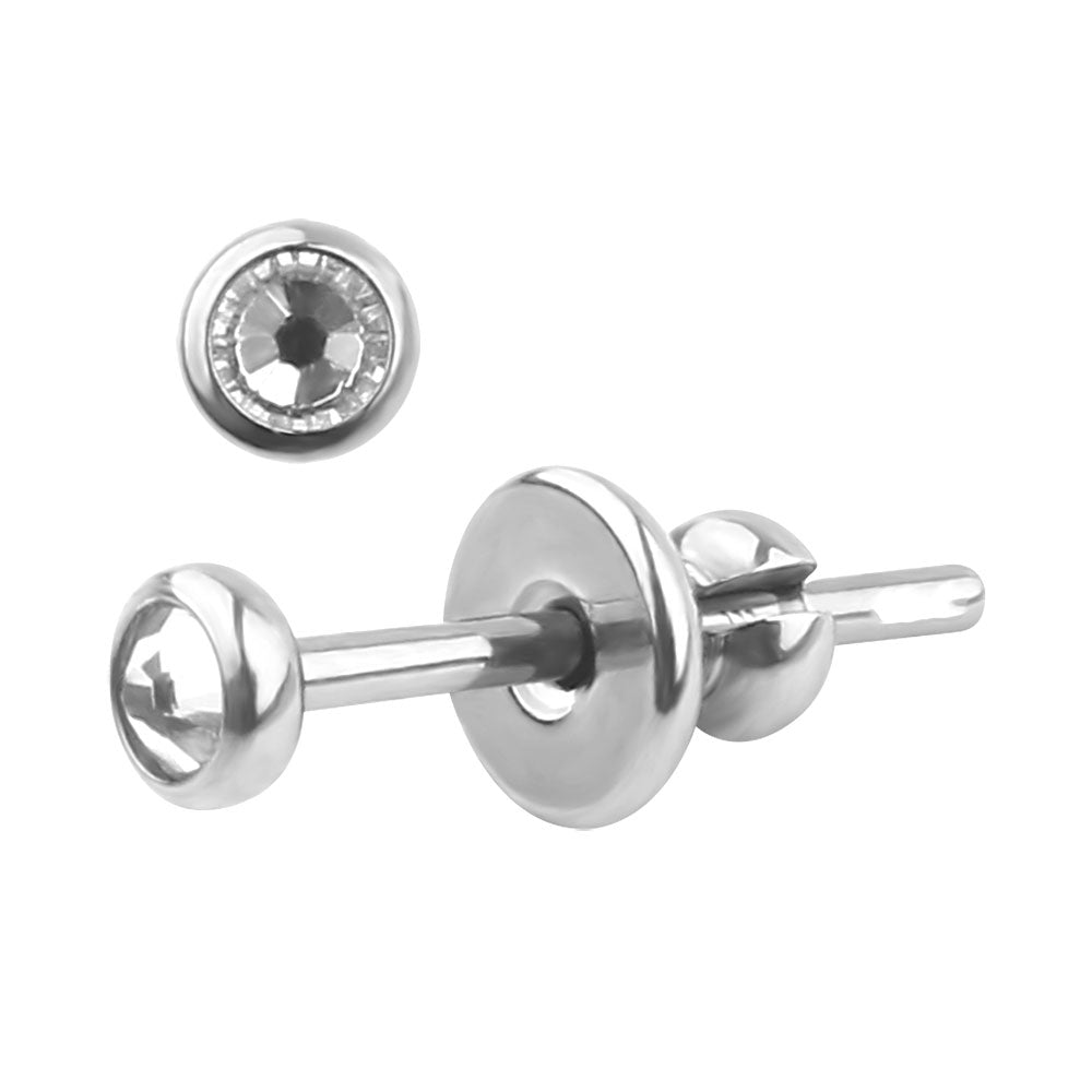 Pair of titanium earrings with 3mm zircon stones, featuring a sleek design from Body Clickers Body Jewelry.