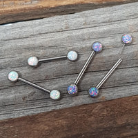 Peacock blue Opal Push Fit Nipple Barbell Jewelry in 14g and 16g by Body Clickers, with 12mm bar length for body piercing.