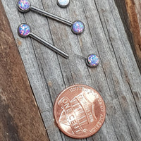 Peacock blue Opal push-fit nipple bars by Body Clickers, 14g and 16g body jewelry with 12mm length for piercing adornment