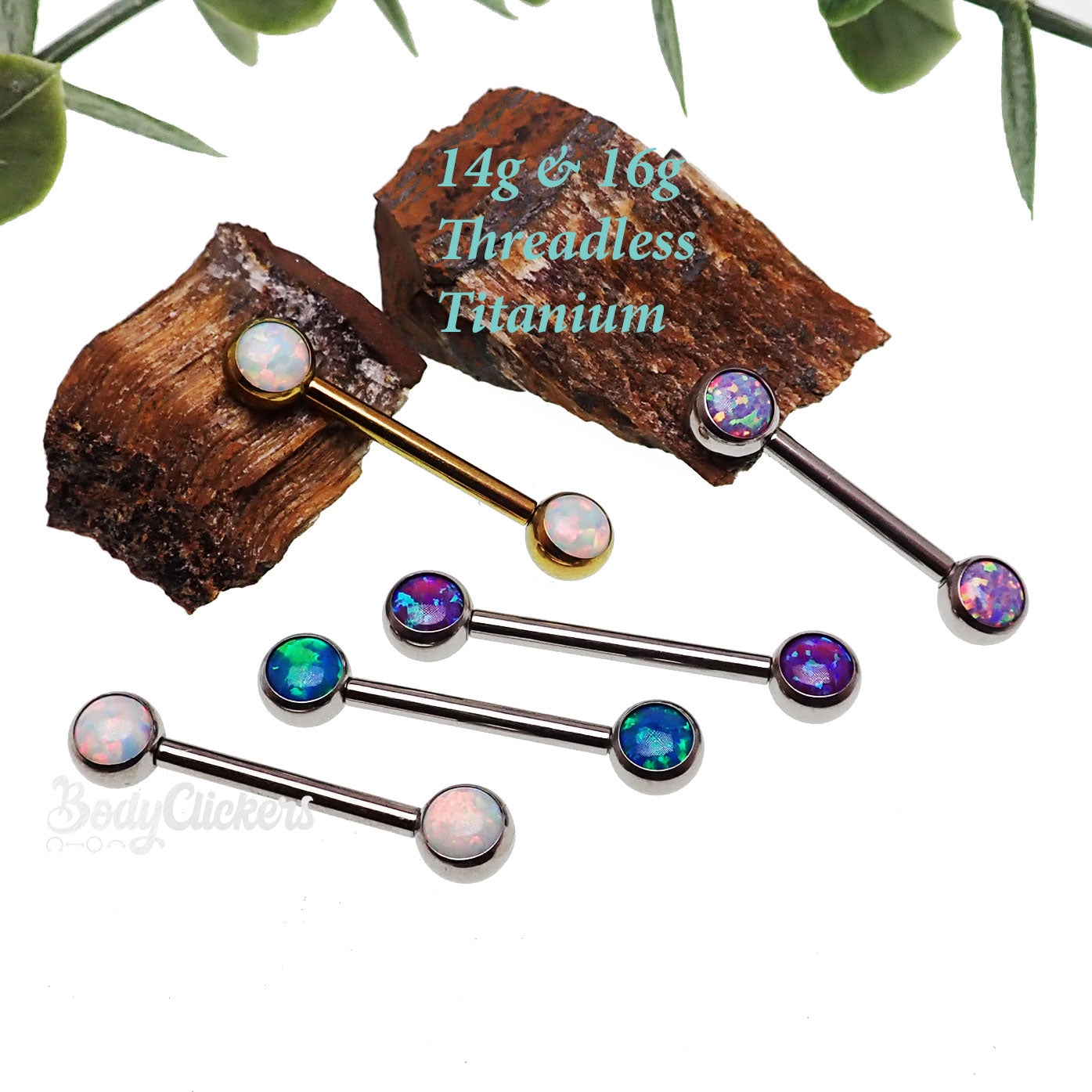 Peacock blue opal push fit nipple bars in 14g and 16g, body jewelry by Body Clickers, with 12mm length and secure fit.