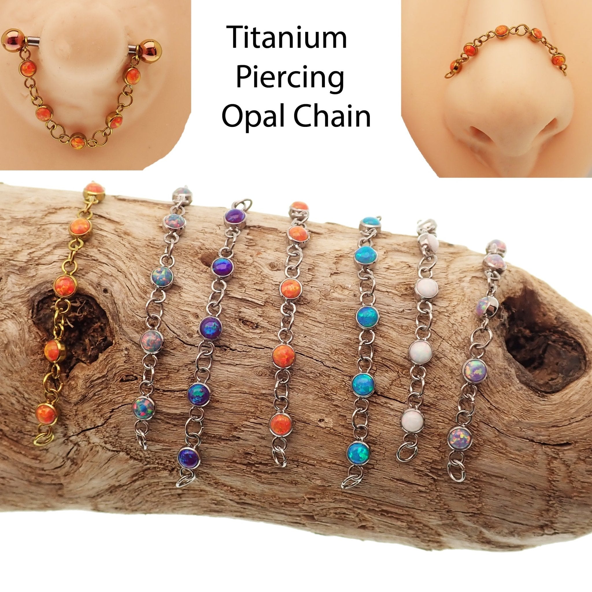 Titanium opal piercing add-on chain for body jewelry by Body Clickers, featuring peacock blue opal accents and sleek design.