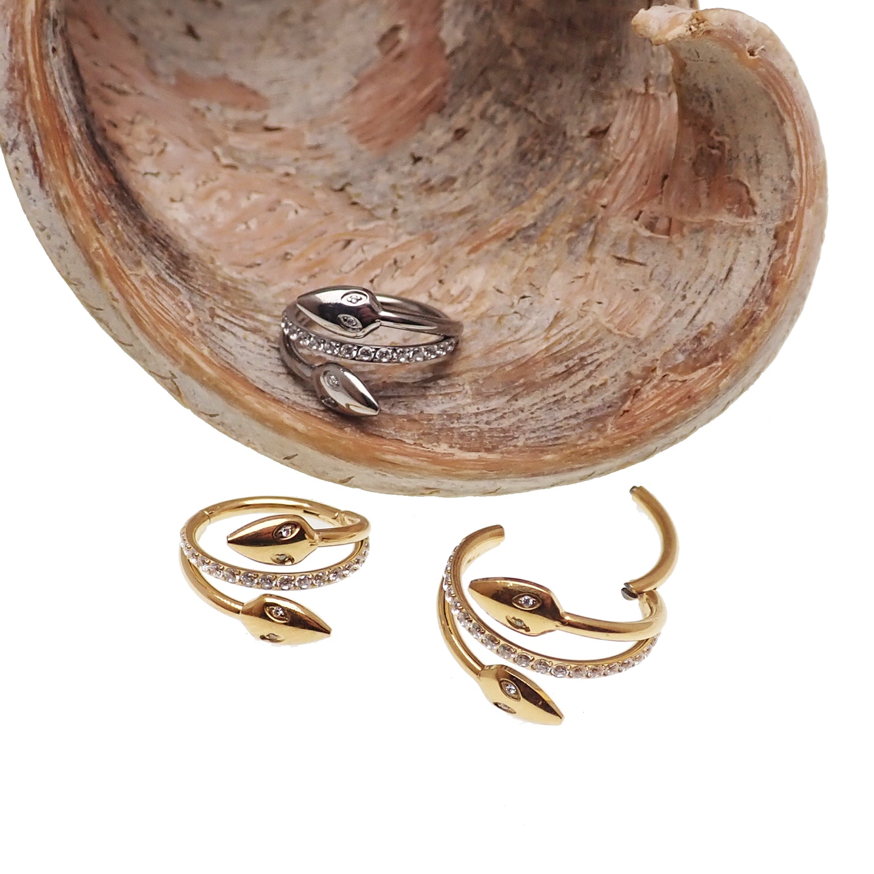 Gold Snake Head CZ Clicker body jewelry in 16g with an 8mm snake head design, by Body Clickers.