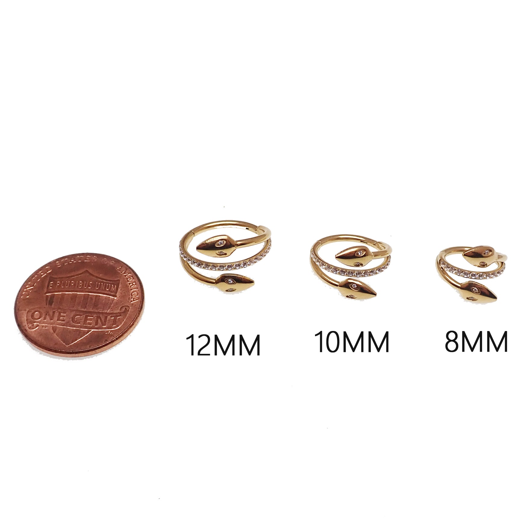 Gold PVD Snake Head CZ Clicker body jewelry, 16g, with an 8mm snake head design for nose or septum piercing.
