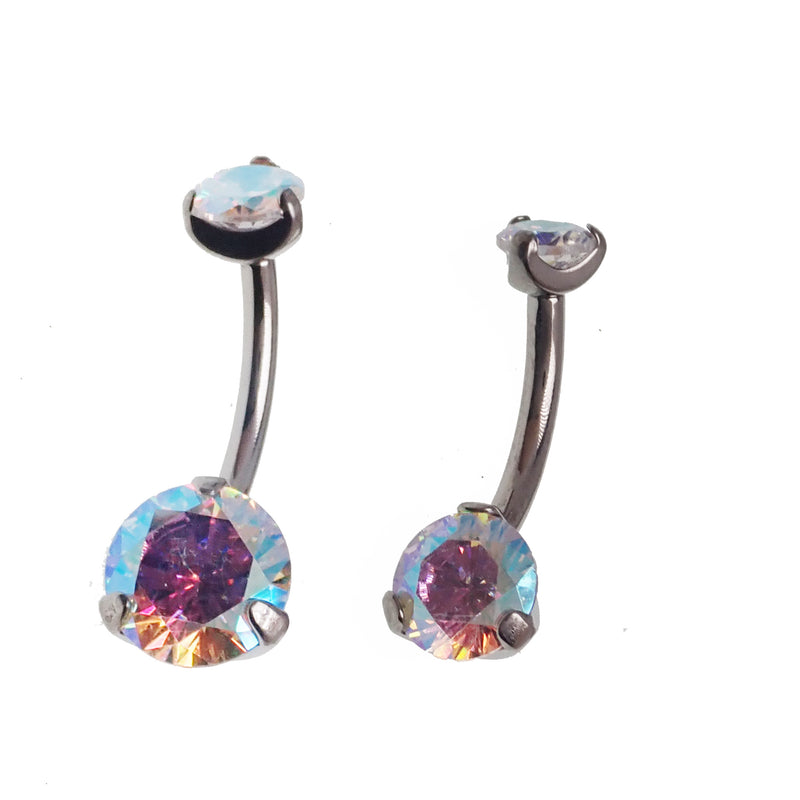 Rainbow AB regular and mini 14g belly bar body jewelry by Body Clickers, featuring colorful rainbow design and stainless steel construction.