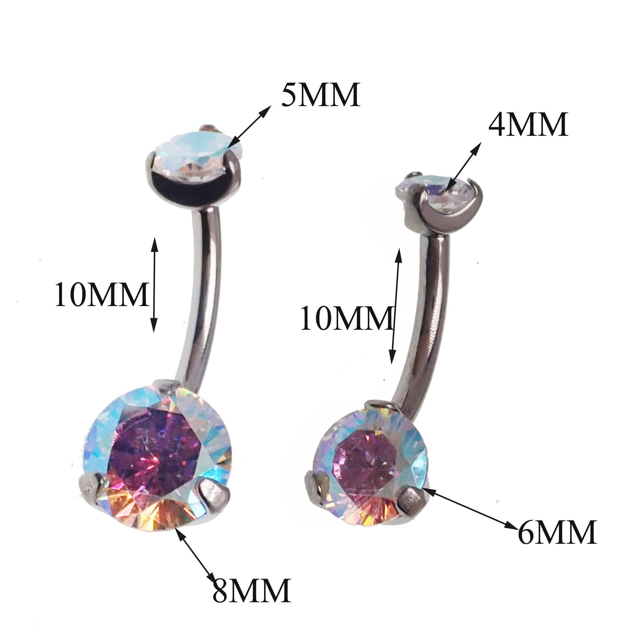 Rainbow AB regular and mini belly bar body jewelry by Body Clickers, 14g, with colorful decorative balls.