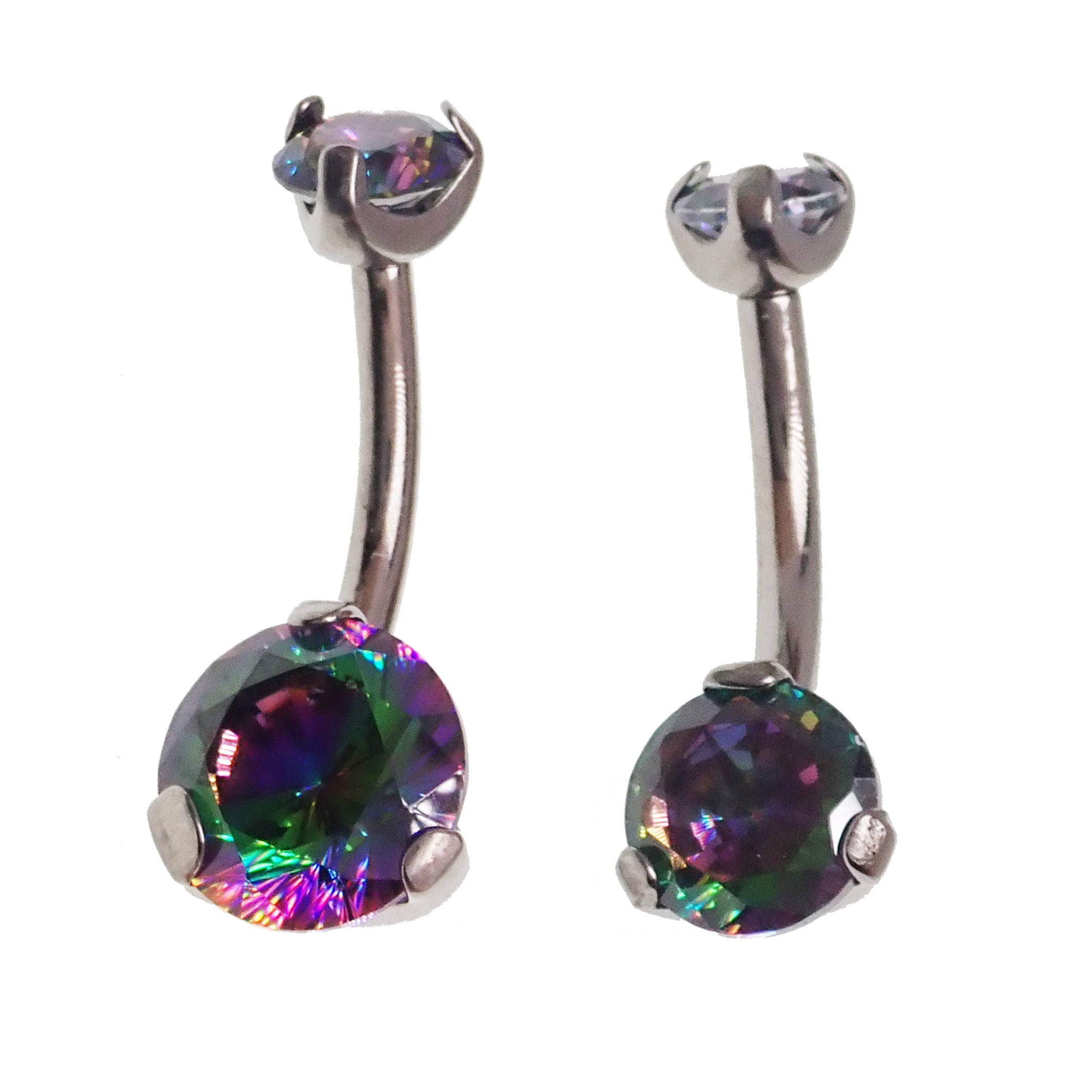 Body Clickers VM regular and mini belly bar body jewelry, 14g, with curved bar and decorative ends, designed for belly piercings.