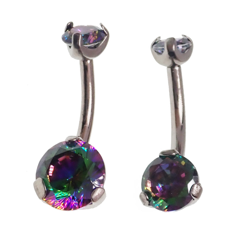 Body Clickers VM regular and mini belly bar body jewelry, 14g, with curved bar and decorative ends, designed for belly piercings.