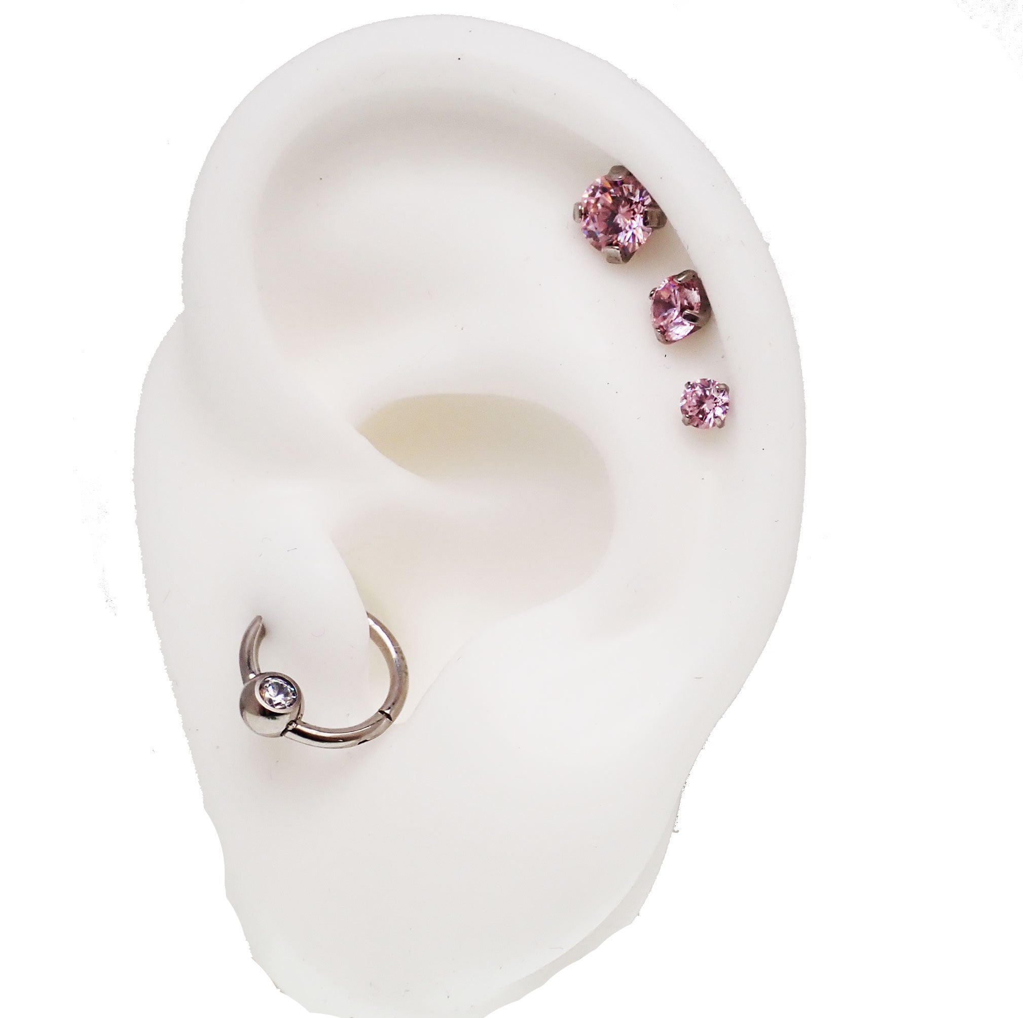 Set of three Body Clickers pink triple CZ flat back body jewelry in 14g, 16g, and 18g with 6mm stones, for body piercing.