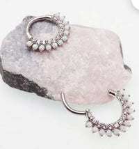 Silver CZ Opal Steel clicker body jewelry in 16g with 8mm or 10mm diameter, featuring a sleek, modern design.
