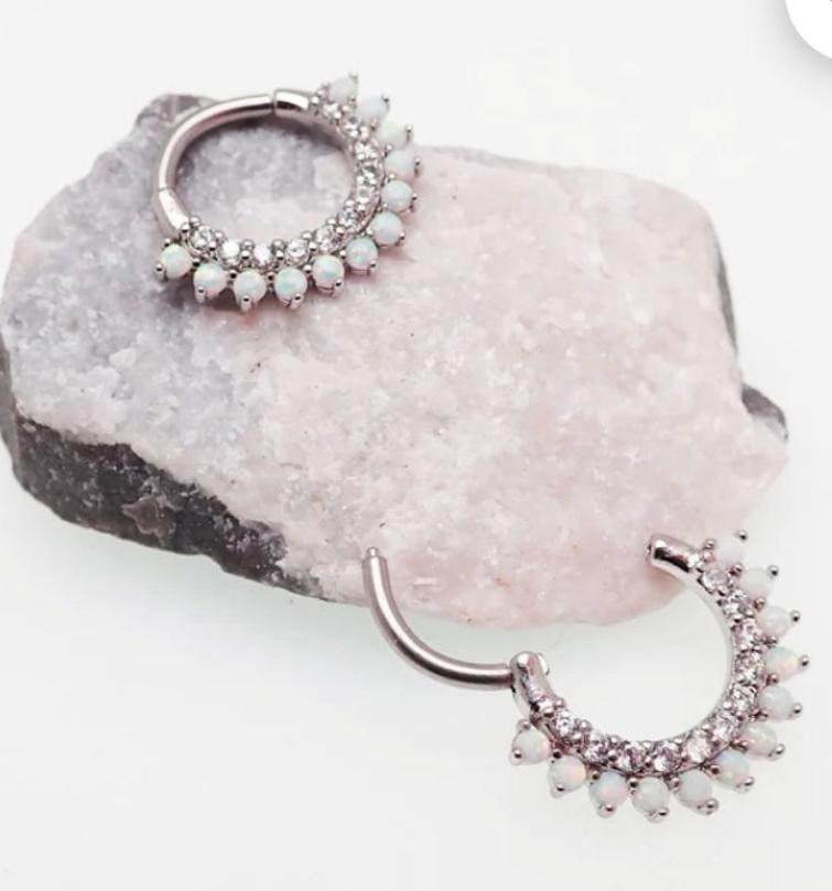 Silver CZ Opal Steel clicker body jewelry in 16g with 8mm or 10mm diameter, featuring a sleek, modern design.