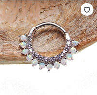 Silver CZ Opal Steel clicker body jewelry, 16g with 8mm or 10mm diameter, ideal for body piercing adornment.