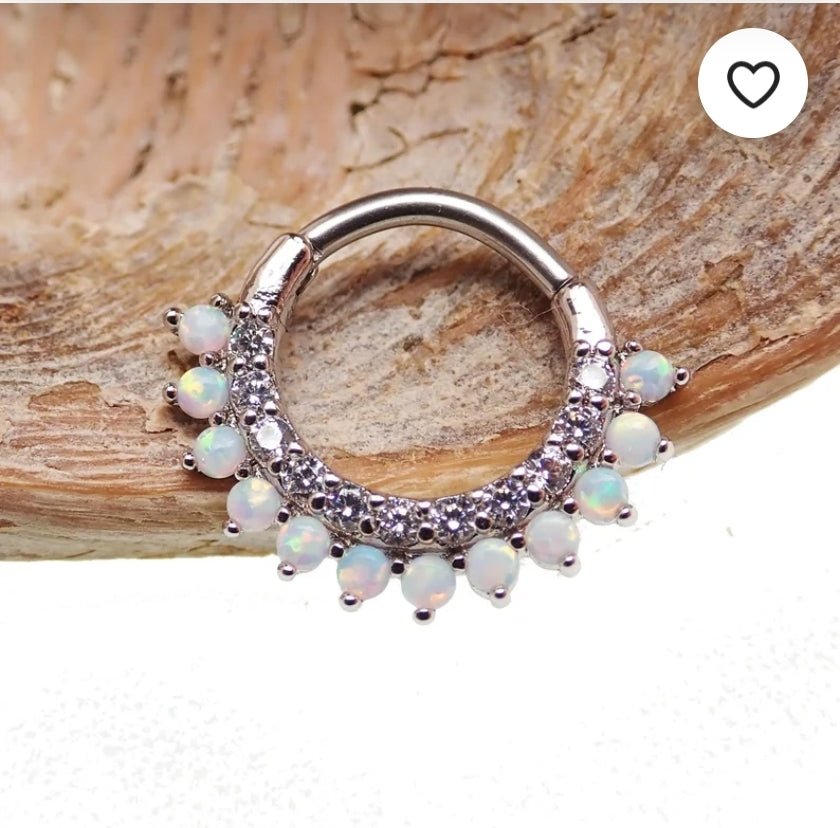 Silver CZ Opal Steel clicker body jewelry, 16g with 8mm or 10mm diameter, ideal for body piercing adornment.