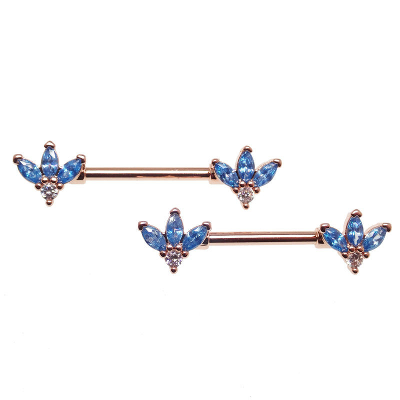 Blue and clear cubic zirconia rose gold flower steel nipple bar, 14g body jewelry with intricate floral design.