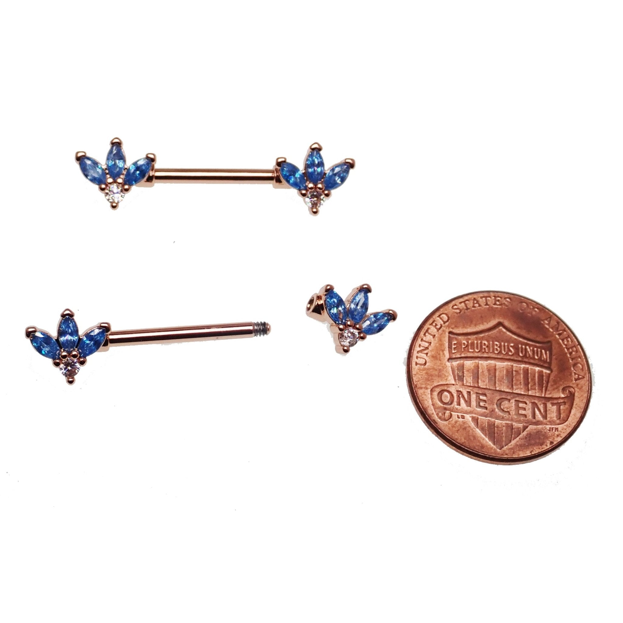 Blue and clear CZ rose gold flower steel nipple bar jewelry with 14g body jewelry design and intricate floral details.