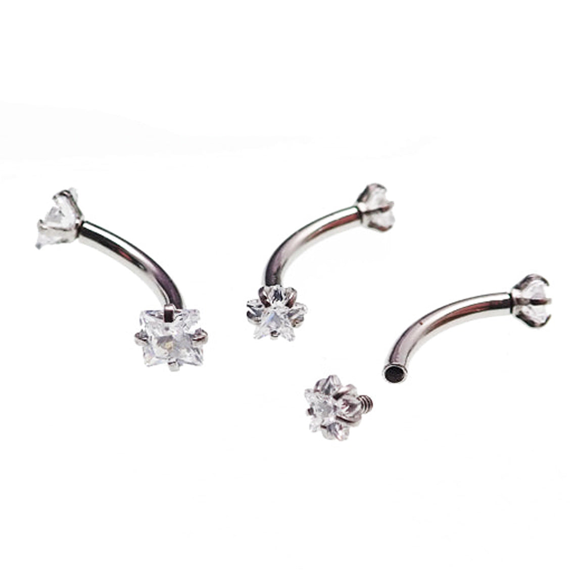Steel curved body jewelry with star and square CZ crystals, 16g size by Body Clickers