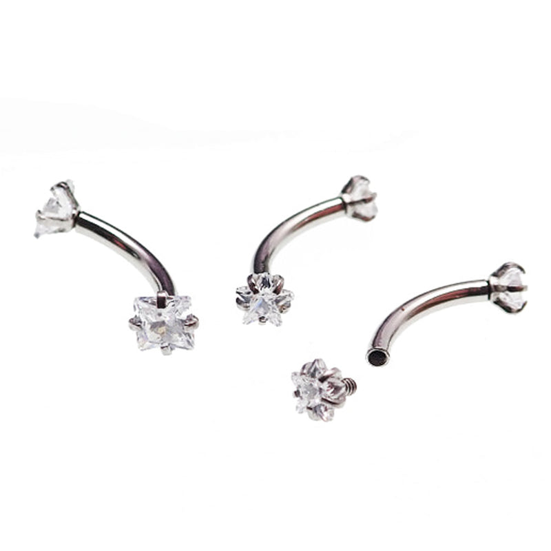 Steel curved body jewelry with star and square CZ crystals, 16g size by Body Clickers