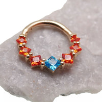 Teal and orange hinged body clicker jewelry with 14k gold and CZ stones, designed for body piercing, 16g.
