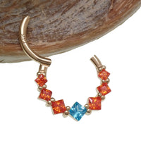 Hinged teal-orange body jewelry clicker with 14k gold and CZ stones, 16g, by Body Clickers, designed for body piercing jewelry.