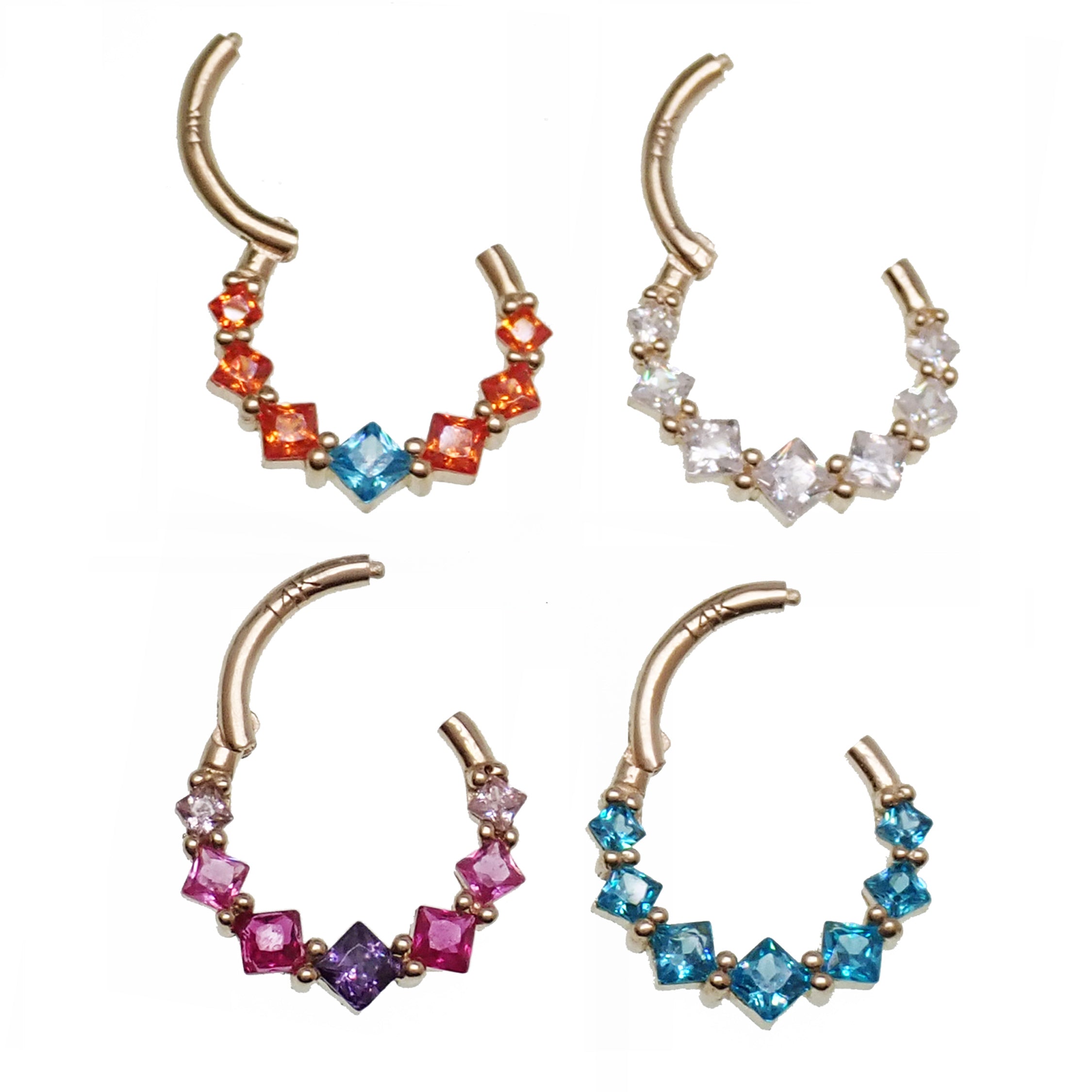 Teal and orange hinged body clicker jewelry with 14k gold and CZ stones, 16g body jewelry by Body Clickers.