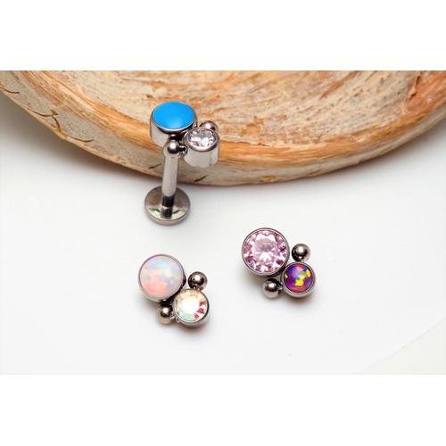Body Clickers CZ and opal 4-piece cluster flat back body jewelry in 14g, 16g, and 18g gauges, shown in a close-up view.