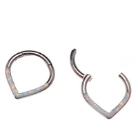 Opal titanium heart-shaped clicker body jewelry in 16g with white opal and 8mm size, by Body Clickers.