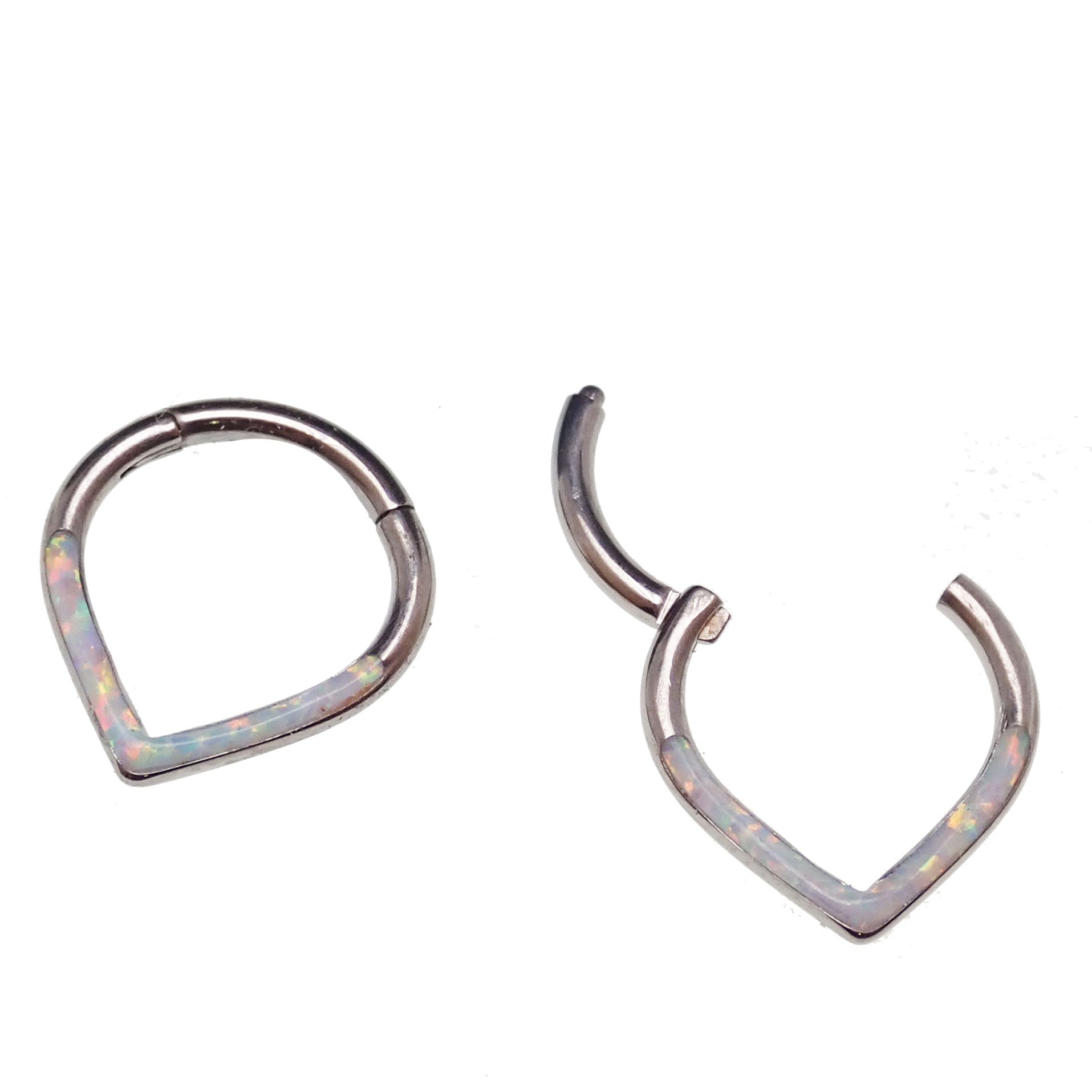 Opal titanium heart-shaped clicker body jewelry in 16g with white opal and 8mm size, by Body Clickers.