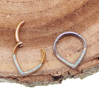 Opal titanium heart-shaped clicker body jewelry in 16g with white opal and 8mm diameter from Body Clickers