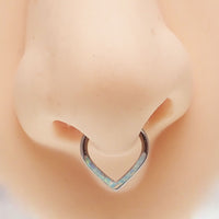 Opal titanium heart-shaped clicker body jewelry in 16g with white accents, designed for ear or nose piercing.