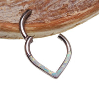 Opal titanium heart-shaped clicker body jewelry in 16g with 8mm white opal, by Body Clickers