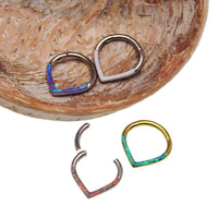 Opal titanium heart clicker body jewelry in 16g with 8mm white opal and heart-shaped design from Body Clickers