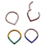 Opal Titanium Heart Clicker body jewelry in 16g with white opal and titanium design, featuring a heart shape for body piercing.