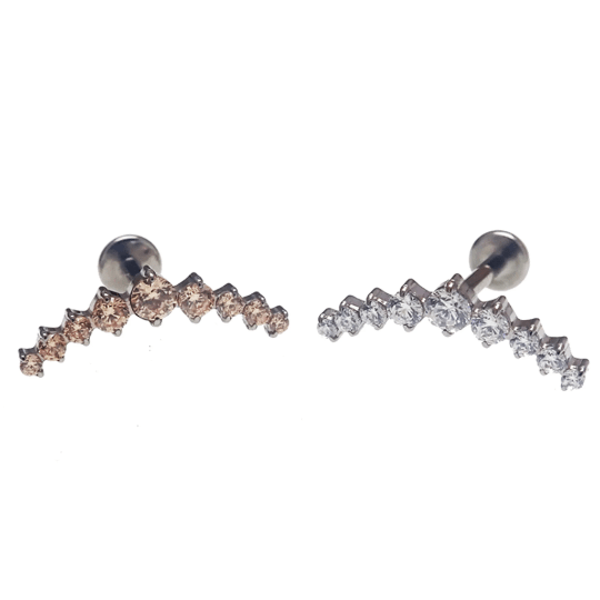 Clear and champagne cubic zirconia long crown titanium flatback piercing in 14g, 16g, and 18g gauges, featuring a sleek modern design.