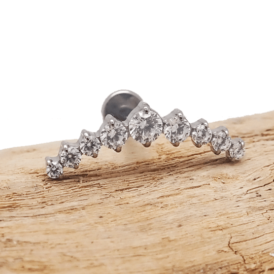 Clear and champagne CZ long crown titanium flatback piercing in 14g, 16g, and 18g with sleek, shiny design.