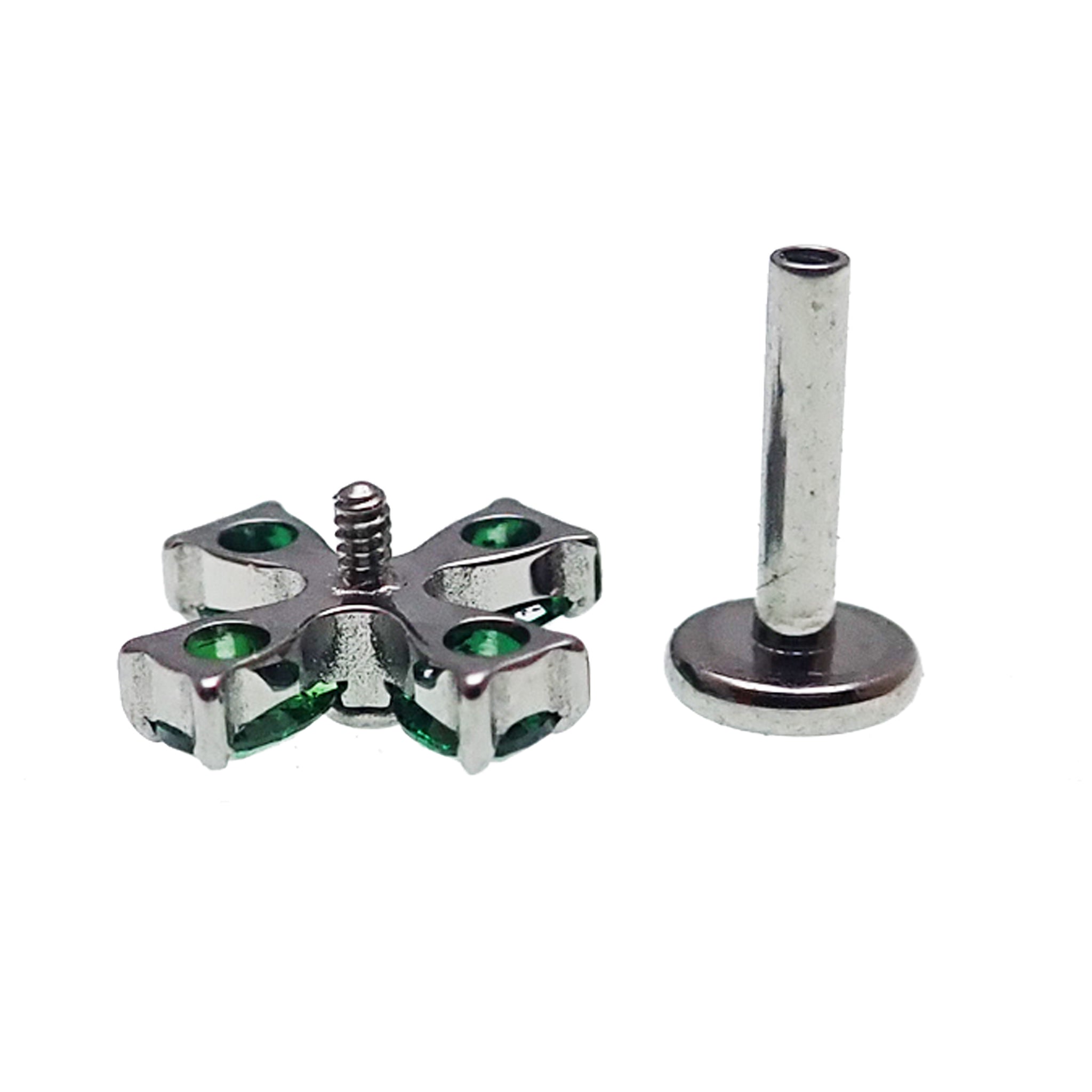 Titanium CZ Cross Flower flatback piercing in 14g, 16g, and 18g sizes, featuring a detailed flower and cross design.