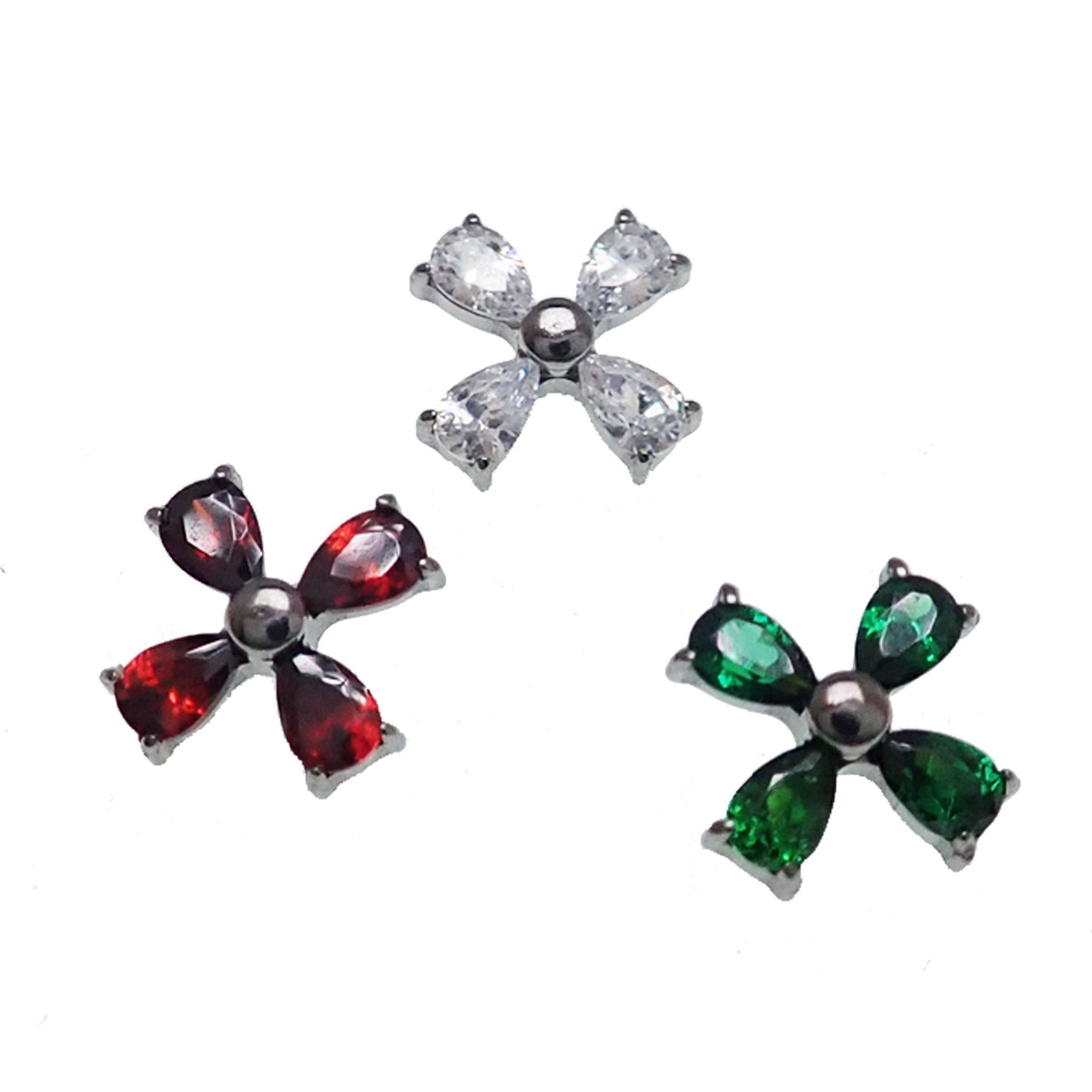 Titanium CZ Cross Flower flatback piercing in 14g, 16g, and 18g with a decorative cross flower design by Body Clickers.