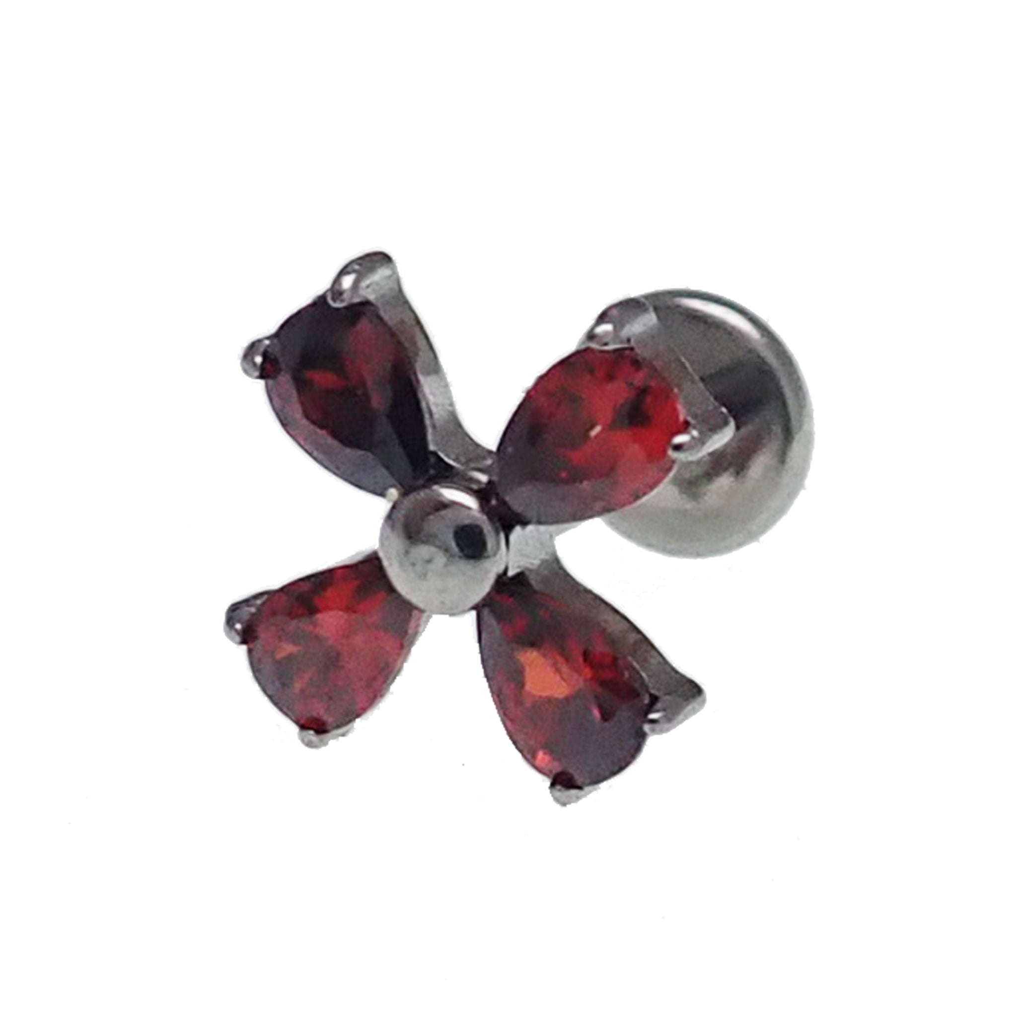 Titanium flatback piercing with CZ cross flower design in 14g, 16g, and 18g sizes, featuring a polished, decorative body jewelry piece.