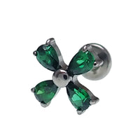 Titanium CZ cross flower flatback piercing in 14g, 16g, or 18g with detailed flower and cross design, Body Clickers brand.