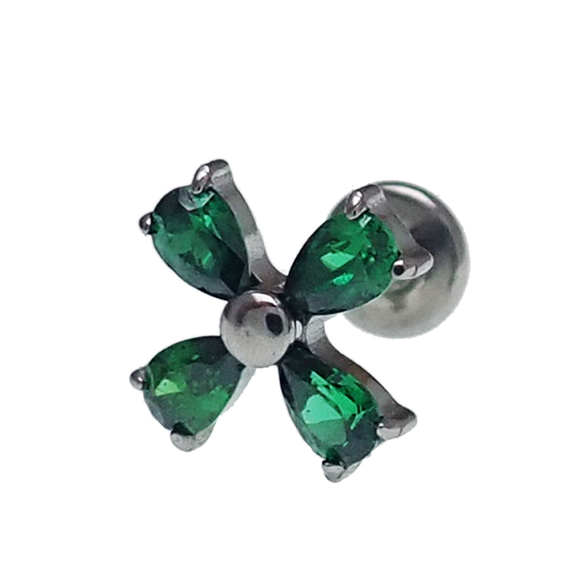 Titanium CZ cross flower flatback piercing in 14g, 16g, or 18g with detailed flower and cross design, Body Clickers brand.