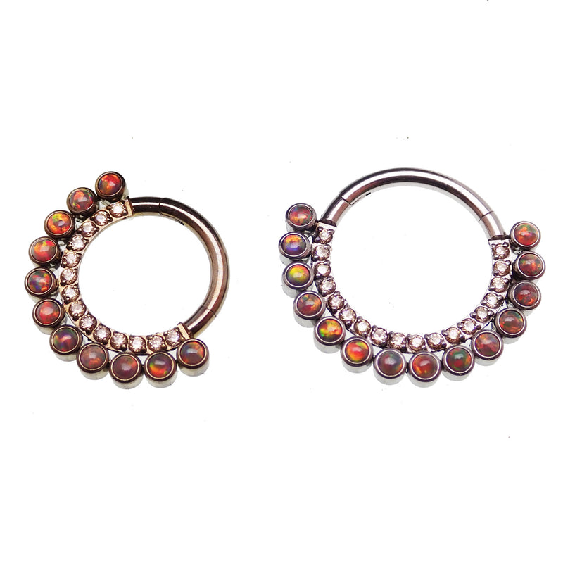 Dark cherry double row clicker jewelry from Body Clickers, 16g, with shiny black and red design and smooth clicker mechanism.