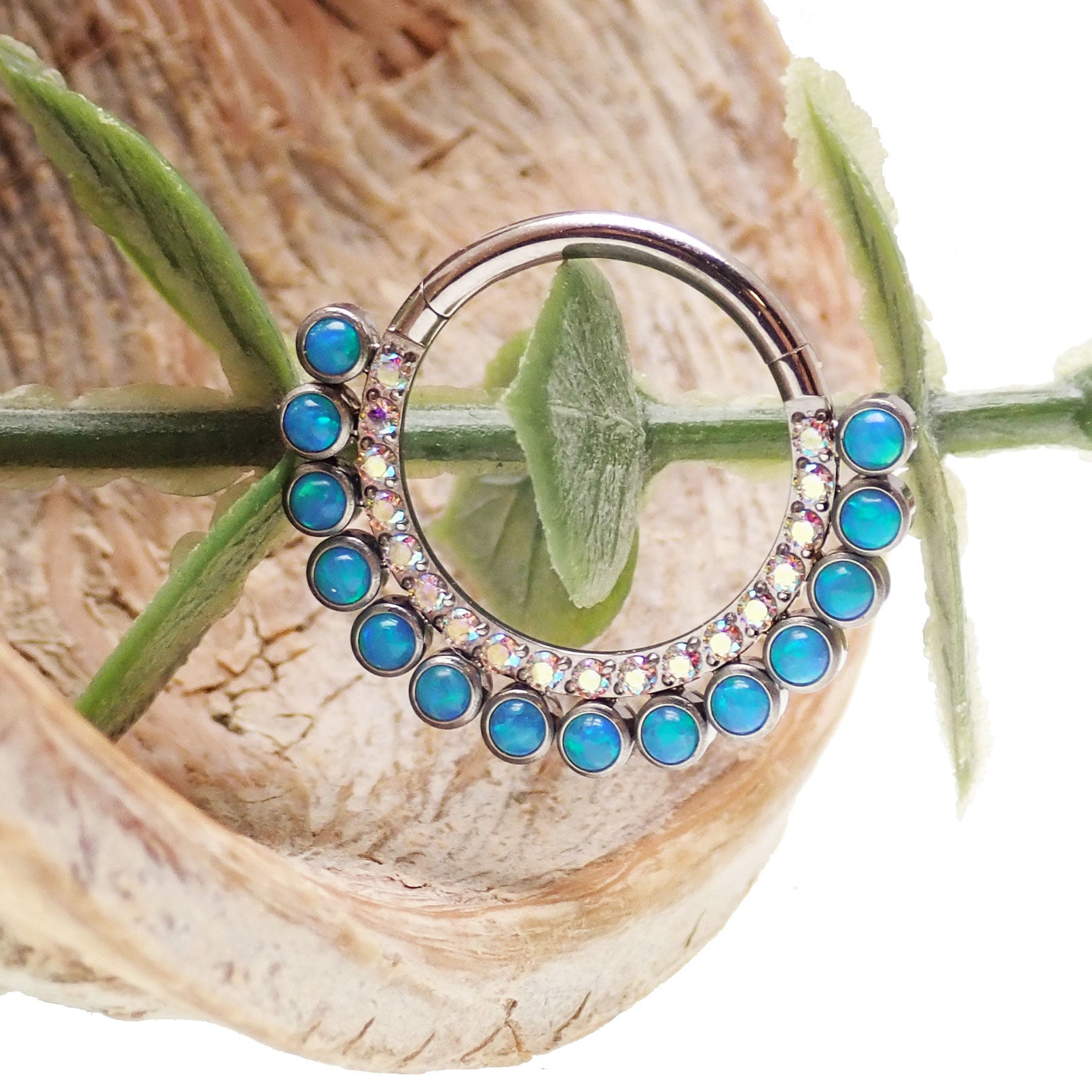 Double row peacock blue opal and clear CZ stones body clicker earring with 16g gauge by Body Clickers.