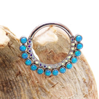 Double row peacock blue opal and clear CZ stones body clicker earring with 16g gauge, silver-tone jewelry for pierced ears