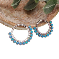 Double row peacock blue opal and clear CZ stones body clicker earring, 16g, by Body Clickers, featuring sparkling gemstones and sleek design.