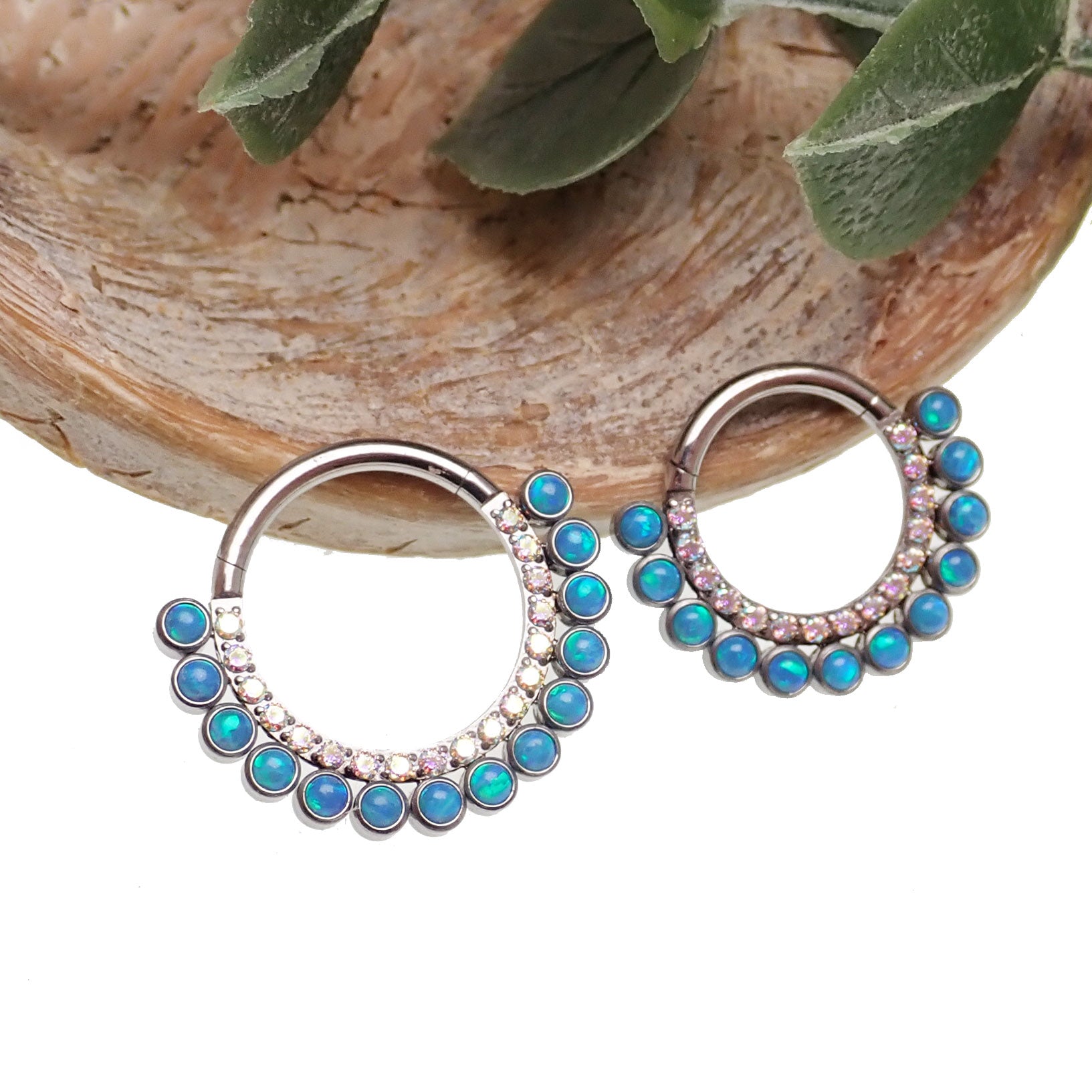 Double row peacock blue opal and clear CZ stones body clicker earring, 16g, by Body Clickers, featuring sparkling gemstones and sleek design.