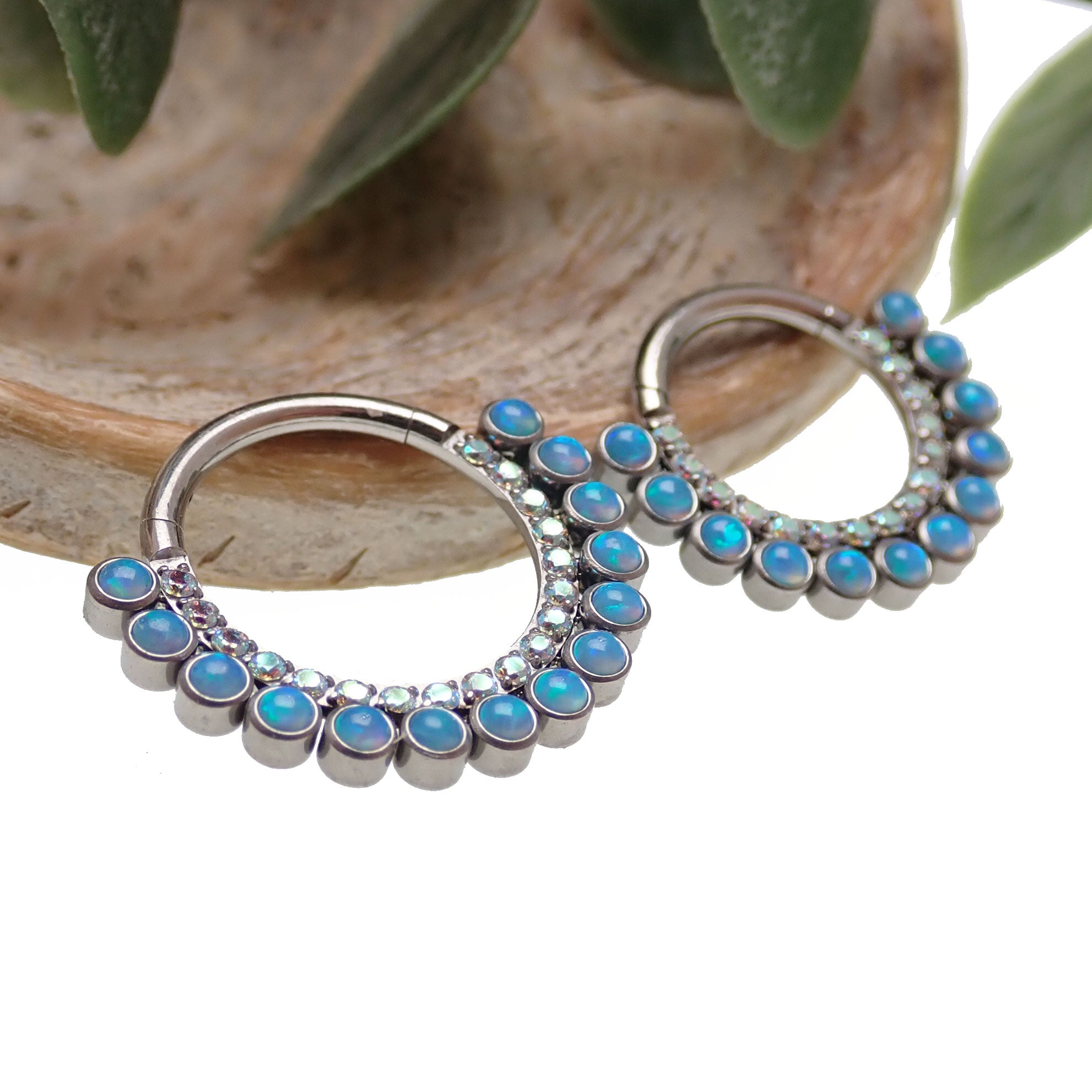 Double row peacock blue opal and clear CZ stones body clicker jewelry, 16g, by Body Clickers, featuring sparkling gemstone accents.