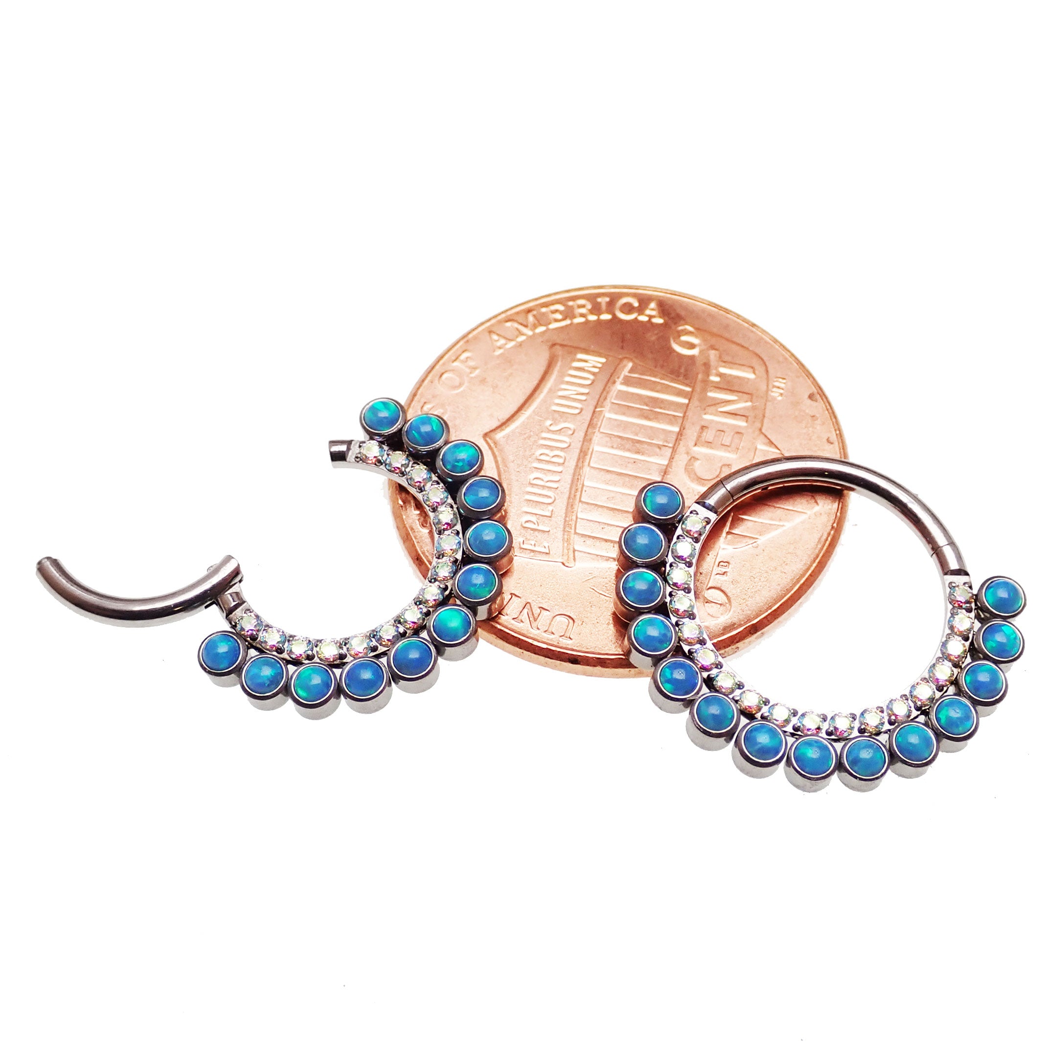 Double row peacock blue opal and clear CZ stones body clicker earring with 16g gauge, from Body Clickers.